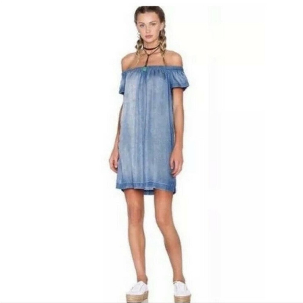CLOTH & STONE || Blue Tencel Chambray Off Shoulder Shirt Dress | Small